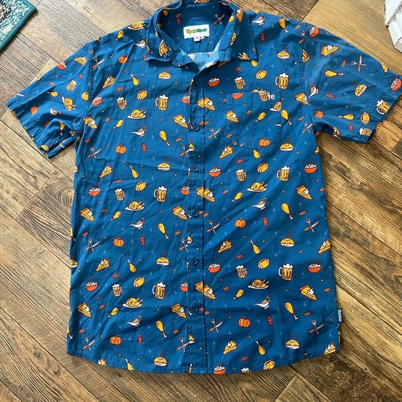 Tipsy Elves Blue Thanksgiving Patterned Men's Shirt - Picture 1 of 4